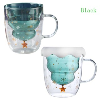 แก้วกาแฟ แบบสองชั้น ป้องกันน้ําร้อนลวก ลายต้นคริสต์มาส สีดํา
