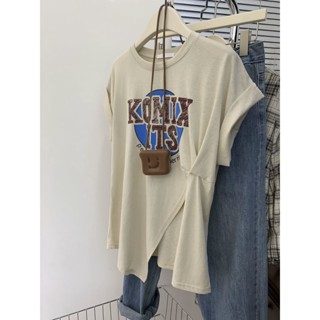 100 Cotton Short-sleeved T-shirt Womens Super Size 300 Jin Irregular Split Letter Design Loose Slim Top