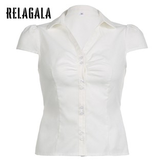 Relagala เสื้อโปโลแขนสั้นลําลอง แต่งจับจีบ สีพื้น เรียบง่าย สําหรับผู้หญิง 2023