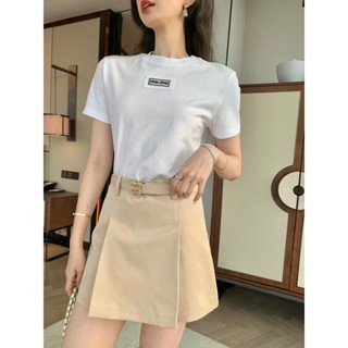 S1US MIU MIU 23 spring and summer new golden buckle letter belt decorative design half skirt letter embroidered logoT shirt two-piece set