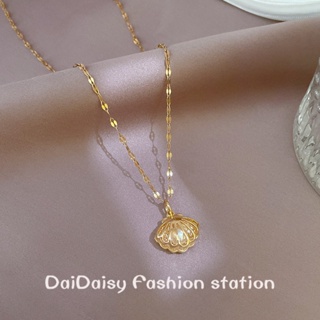 Daidaisy √♥ สร้อยคอโซ่เหล็กไทเทเนียม จี้เปลือกหอย ประดับมุก หรูหรา เข้ากับทุกการแต่งกาย แฟชั่นเรโทร สไตล์ฝรั่งเศส