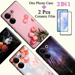 2 IN 1 เคสโทรศัพท์เซรามิค กันรอยหน้าจอ เพ้นท์ลาย ทรงโค้ง สําหรับ Tecno Camon 20 Pro 5G