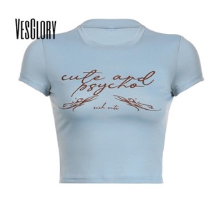 Vesglory เสื้อครอปท็อปลําลอง คอกลม แขนสั้น พิมพ์ลายตัวอักษร แฟชั่นสําหรับสตรี 2023