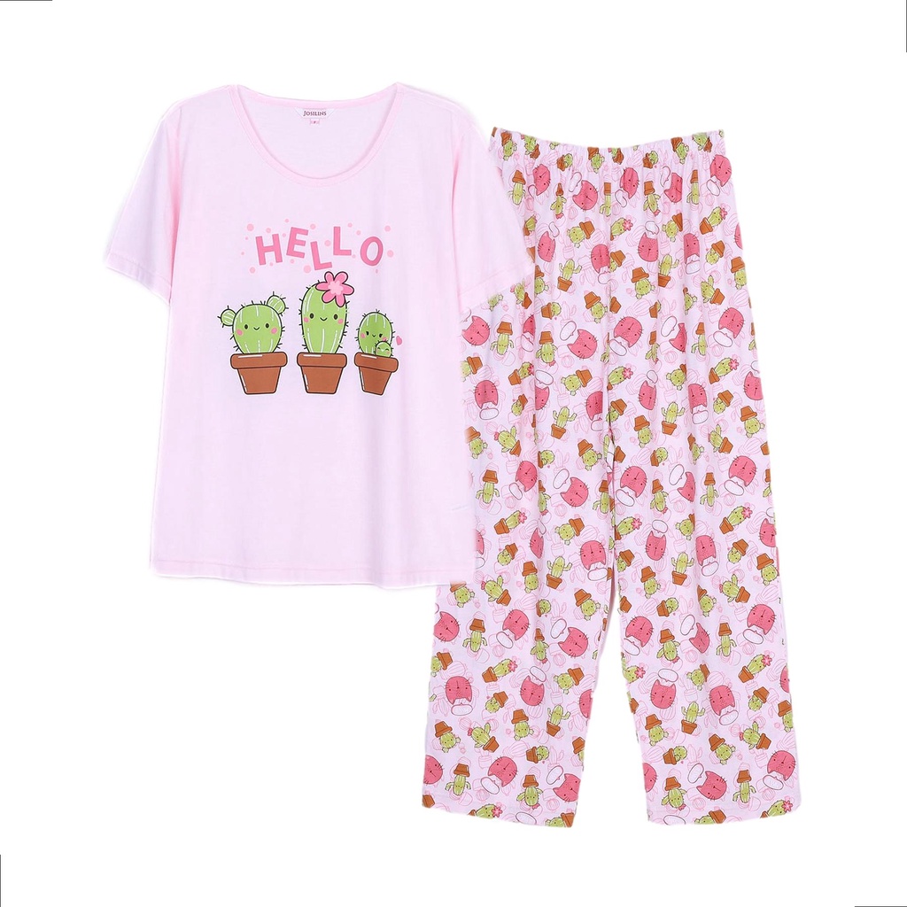 Josilins ชุดนอน ชุดอยู่บ้าน ผู้หญิง เสื้อสกรีนลาย คอกลม แขนสั้น ขายาว ผ้ายืด คละสี คละลาย NEW3