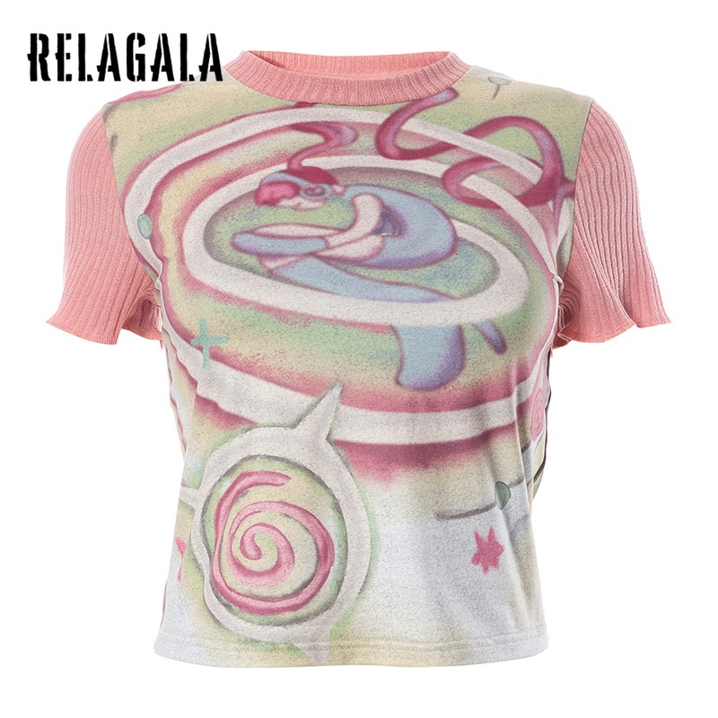 Relagala ใหม่ เสื้อยืดแขนสั้นลําลอง เข้ารูป พิมพ์ลายน่ารัก แฟชั่นเรียบง่าย สําหรับผู้หญิง 2023