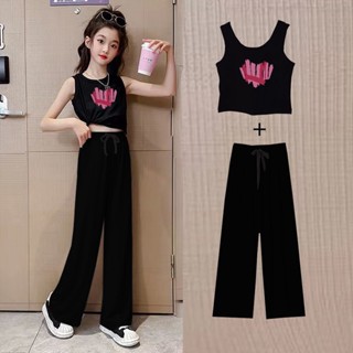 ❀Qinzi เสือดาว❀พร้อมส่ง ชุดเสื้อสายเดี่ยว กางเกงขายาว ขากว้าง สไตล์เกาหลี แฟชั่นฤดูร้อน สําหรับเด็กผู้หญิง สองชิ้น