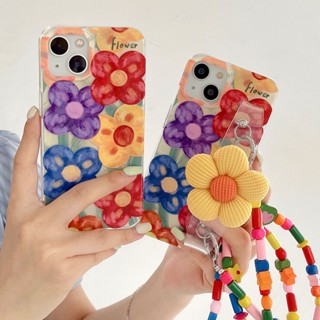 เคสโทรศัพท์มือถือ TPU กันกระแทก ลายภาพวาดสีน้ํามัน รูปดอกไม้ พร้อมสายคล้องข้อมือ สําหรับ Apple IPhone 14 13 12 11 Pro Max