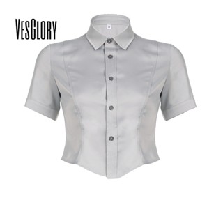 Vesglory เสื้อครอปท็อป แขนสั้น คอสี่เหลี่ยม แต่งจับจีบ สุดเซ็กซี่ แฟชั่นสําหรับสตรี 2023