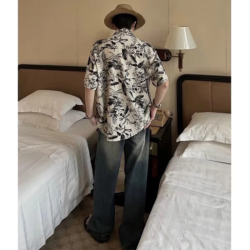 HANLU เสื้อพิมพ์ลายหมึกสไตล์ฮ่องกงชายแขนสั้นชายเสื้อลายไทยลายดอกไม้ thumbnail 7