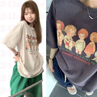 shop24📱สต็อกไทย เสื้อยืดทรงใหญ่คอกลมแขนสั้น ลายการ์ตูนเด็กยืน 3 สี