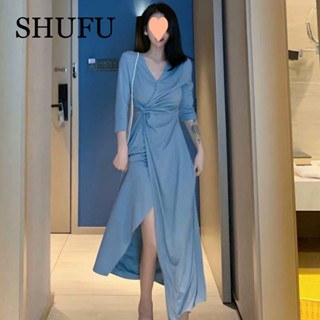 Shufu 5105 พร้อมส่ง ชุดเดรสยาว ผ้าชีฟอง แขนสั้น คอวี พลัสไซซ์ สไตล์เกาหลี สําหรับผู้หญิง