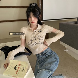 เสื้อกันหนาว แขนสั้น คอปก ปักลายกระต่าย แบบเข้ารูป แฟชั่นฤดูร้อน สําหรับผู้หญิง