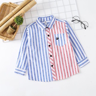 พร้อมส่ง เสื้อเชิ้ตแขนยาว ปักลายแพนด้า สีแดง มีกระเป๋าเสื้อ สําหรับเด็กผู้ชาย