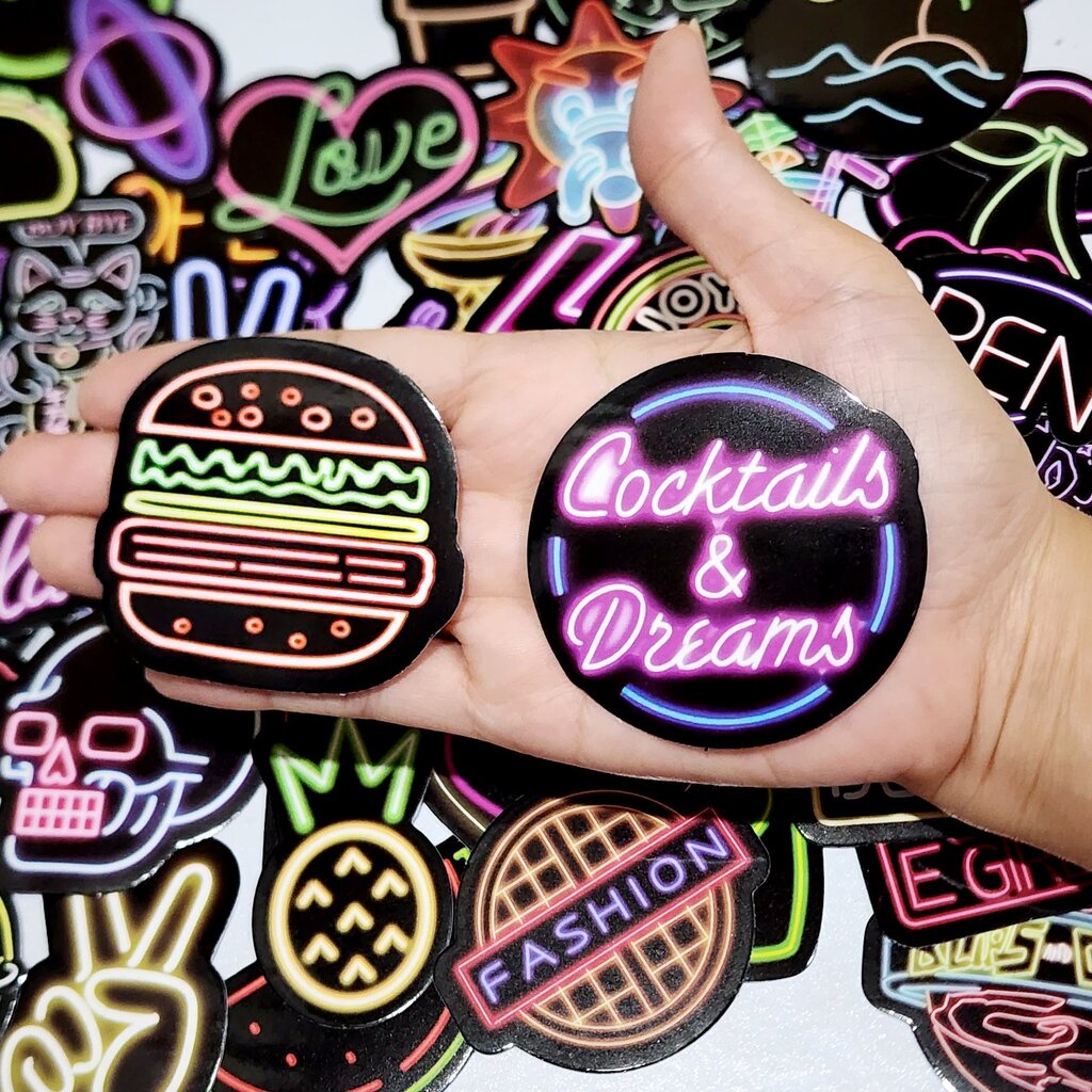 สติ๊กเกอร์ ป้ายไฟ นีออน Neon ติดแน่น กันน้ำ ติดกระเป๋าเดินทาง (50 ชิ้น) sticker