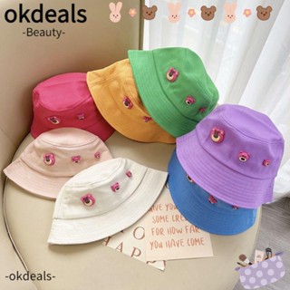 OKDEALS หมวกกันแดด ลายการ์ตูนหมีสตรอเบอร์รี่ ชาวประมง หลากสี แบบสากล สําหรับเด็ก