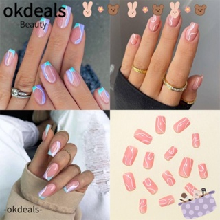 Okdeals เล็บปลอม แบบเต็มรูปแบบ ความยาวปานกลาง กันน้ํา สวมใส่ได้ หัวสี่เหลี่ยม สไตล์ฝรั่งเศส สําหรับผู้หญิง