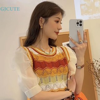 Gjcute เสื้อยืดคอกลม แขนสั้น ผ้าถัก ลายทาง สไตล์เรโทร สําหรับผู้หญิง WTD