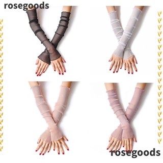 Rosegoods1 ถุงมือแขนยาว ผ้าฝ้ายถัก ป้องกันแดด ผ้าตาข่าย แต่งลูกไม้ มีสีดํา สีขาว สีชมพู สีม่วง เหมาะกับฤดูร้อน กลางแจ้ง 4 คู่