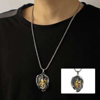 Men Skull Bicolor Dragon Pendant Necklace Hip Hop Titanium Steel Chain Gift