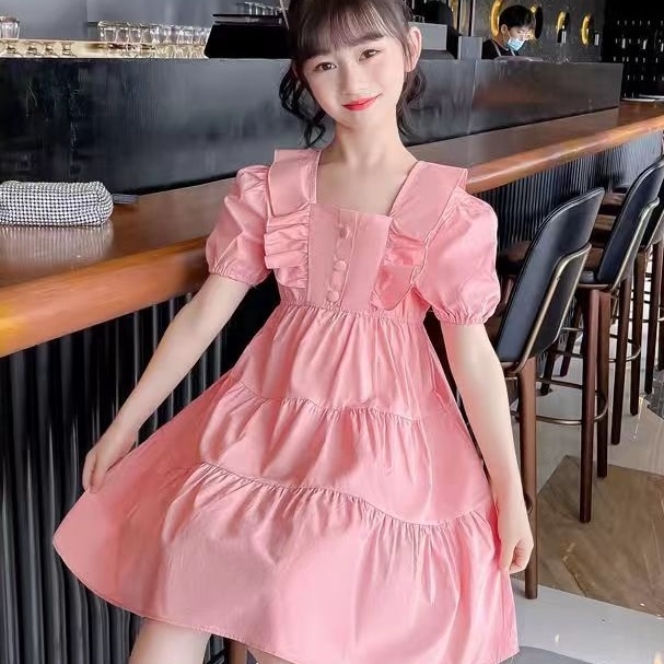 ชุดเดรสกระโปรง ผ้าฝ้าย แขนสั้น สีพื้น สไตล์เจ้าหญิง สําหรับเด็กผู้หญิง อายุ 3-12 ปี เหมาะกับฤดูร้อน