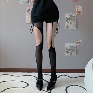 New Sexy Mesh Socks with Irregular Perforated Black Silk Asymmetric Strap Hollow Out Ultra Thin Pure Desire Dark Black One Piece Socks for Women