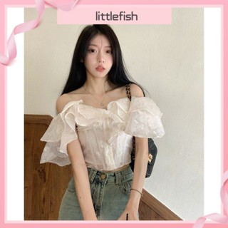 [littlefish] เสื้อเชิ้ตแขนสั้น เปิดไหล่ข้างเดียว ผ้าชีฟอง เอวแคบ สไตล์ฝรั่งเศส หรูหรา แฟชั่นฤดูร้อน สําหรับผู้หญิง 2023