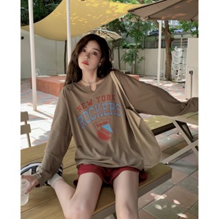 8166#Half open collar pure cotton printed long-sleeved T-shirt womens spring and autumn 2023 new lazy thin section ins