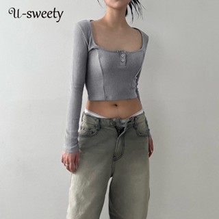 U-sweety เสื้อยืดลําลอง แขนยาว คอสี่เหลี่ยม สีพื้น เข้ากับทุกการแต่งกาย สําหรับสตรี 2023