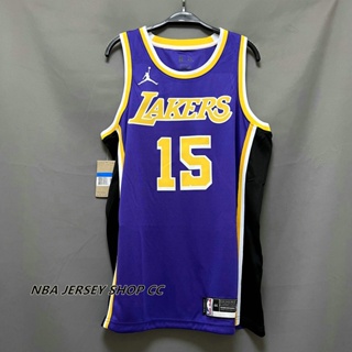 【คุณภาพสูง】ใหม่ ของแท้ NBA Los Angeles Lakers สําหรับผู้ชาย #15 เสื้อกีฬาแขนสั้น ลายทีมชาติออสติน Swingman สีม่วง