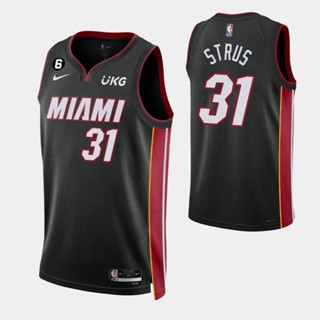 【คุณภาพสูง】ใหม่ ของแท้ NBA 2022-23 Miami Heat สําหรับผู้ชาย #31 เสื้อกีฬาแขนสั้น ลายทีม Max Strus Icon Edition สีดํา