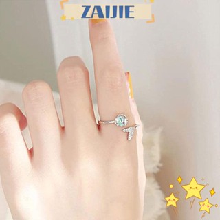 Zaijie24 แหวนเปิด เครื่องประดับ แก้วเคลือบ ปลามนุษย์ แหวนหางสีแดง