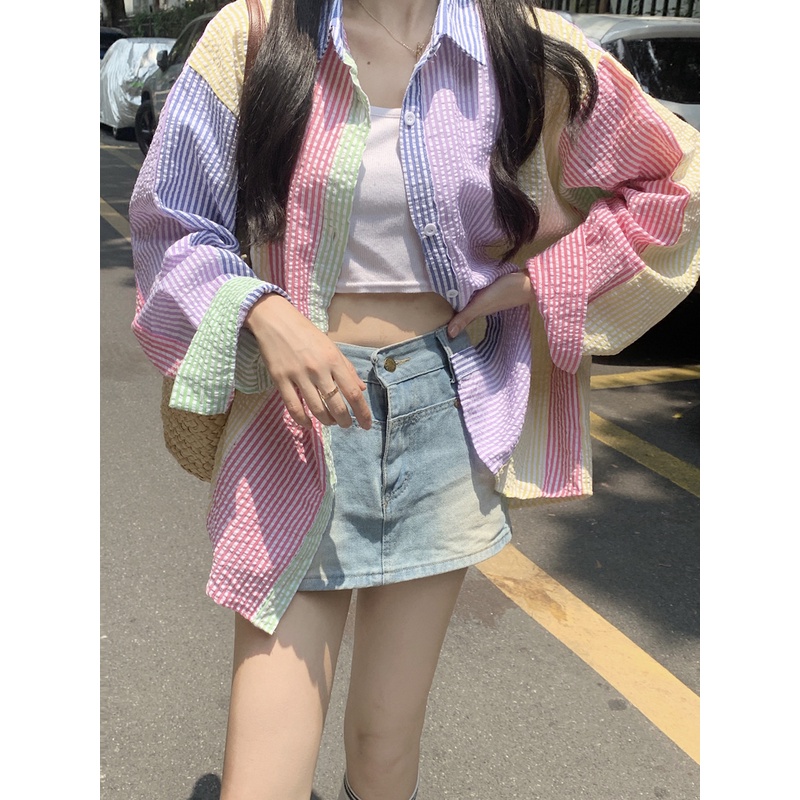 ใหม่ เสื้อเบลาส์ แขนยาว ทรงหลวม ลายทาง แฟชั่นฤดูใบไม้ร่วง สําหรับผู้หญิง