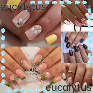 Eucalytus1 เล็บปลอม ทรงสี่เหลี่ยม ยาว ลายดอกไม้สีเหลือง สีดํา สไตล์ฝรั่งเศส สําหรับผู้หญิง