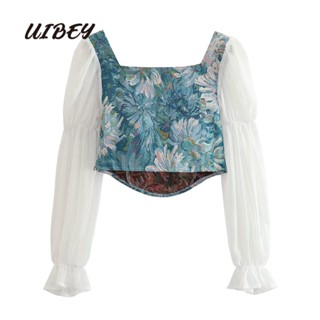 Uibey เสื้อเชิ้ตแขนยาว คอสี่เหลี่ยม พิมพ์ลาย 4658