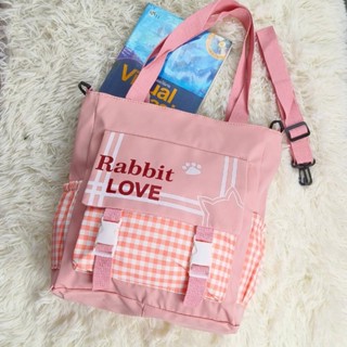 XSPEEDFASHION(X1915) กระเป๋าผ้าRabbit LOVEสะพายไหล่/สะพายข้างผ้าไนล่อนลายตาราง