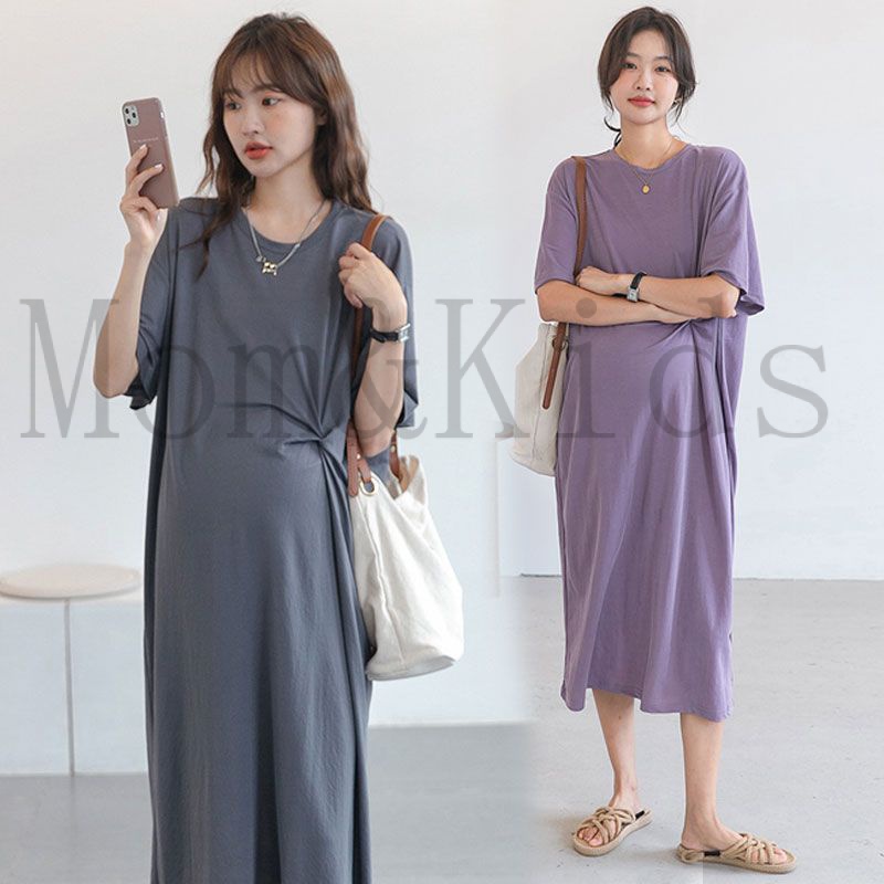 Mom & Kids S-3XL ชุดคลุมท้องแฟชั่น คอกลม แขนสั้น ยาวคลุมเข่า ทรงหลวม สไตล์เกาหลี สีม่วงเข้ม