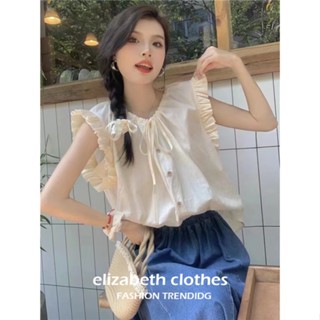 เสื้อกล้าม ผ้าลูกไม้ แต่งหูไม้ แฟชั่นฤดูร้อน สไตล์ฝรั่งเศส
