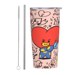 Bts BT21 ชุดแก้วกาแฟสเตนเลสสูญญากาศ สองชั้น พร้อมหลอดโลหะ กันกระเด็น 20 ออนซ์