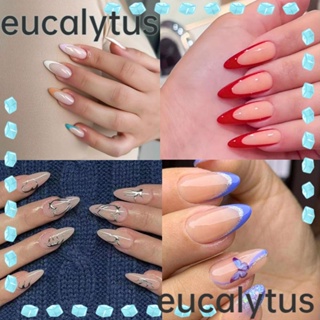 Eucalytus1 เล็บปลอม แบบยาว ถอดออกได้ ลายดอกไม้ สีขาว สไตล์ฝรั่งเศส สําหรับเด็กผู้หญิง 24 ชิ้น