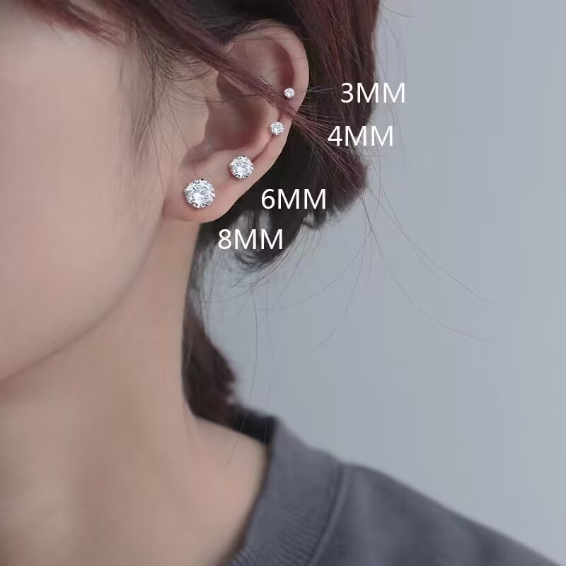 ต่างหูสตั๊ด สเตนเลส ประดับคริสตัล เพทาย ทรงกลม ขนาด 3 มม. 4 มม. 5 มม. สําหรับผู้หญิง และผู้ชาย 1 คู่ 2 ชิ้น