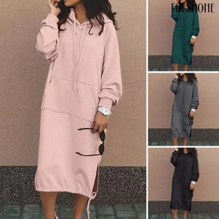 [FS] ชุดเดรสสเวตเตอร์ แขนยาว มีฮู้ด มีกระเป๋าด้านหน้า ผ่าข้าง สีพื้น สไตล์สตรีท สําหรับสตรี