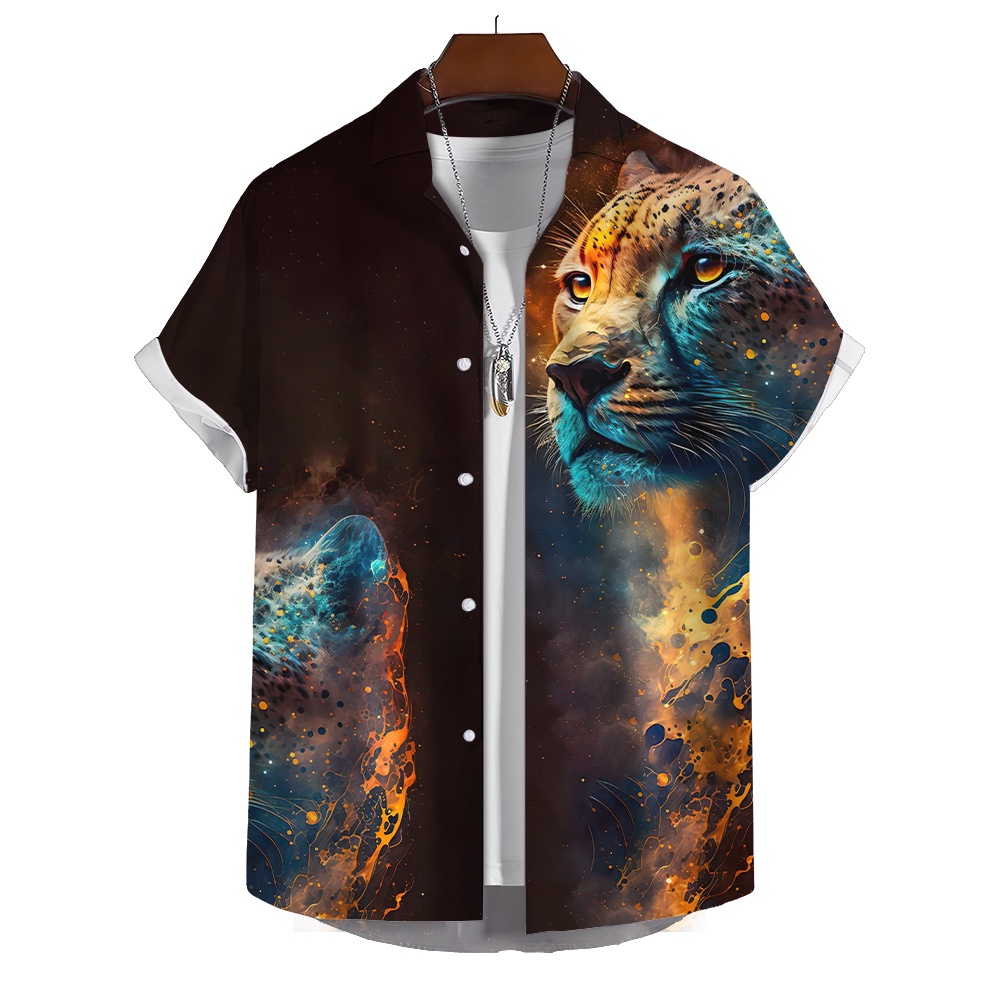 เสื้อยืดแขนสั้นลําลอง ทรงหลวม พิมพ์ลายสัตว์ เสือ 3 มิติ สไตล์ฮาวาย แนวสตรีท สําหรับผู้ชาย