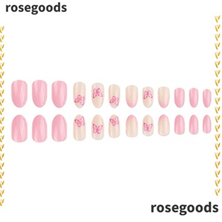 Rosegoods1 เล็บปลอม ลายผีเสื้อ ถอดออกได้ สีชมพู สําหรับตกแต่งเล็บ 24 ชิ้น ต่อกล่อง