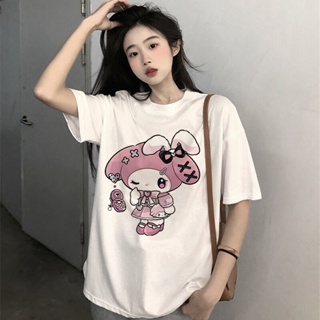 ใหม่ Melody ผ้าฝ้ายเสื้อยืดผู้หญิง Y2k เสื้อ T Kawaii SANRIO Cinnamoroll Kuromi การ์ตูนฮาราจูกุเสื้อผ้าลำลองเสื้อลำลองผู