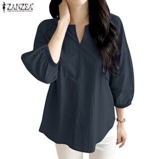 Zanzea เสื้อเบลาส์ คอวี แขนพัฟ 3/4 สีพื้น สไตล์เกาหลี สําหรับผู้หญิง