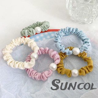 Suncol- ยางรัดผม ประดับมุก สีพื้น สีเบจ น้ําตาล ฟ้า เหลือง เขียว สําหรับผู้หญิง