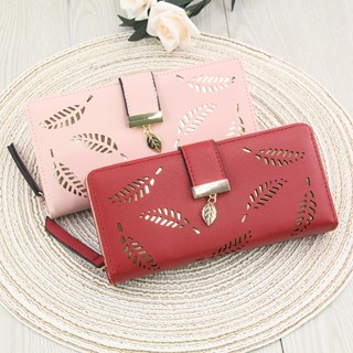 Hot Sale# New Womens wallet Korean-style leaf hollow-out zipper bag coin purse mobile phone bag womens long wallet 8jj