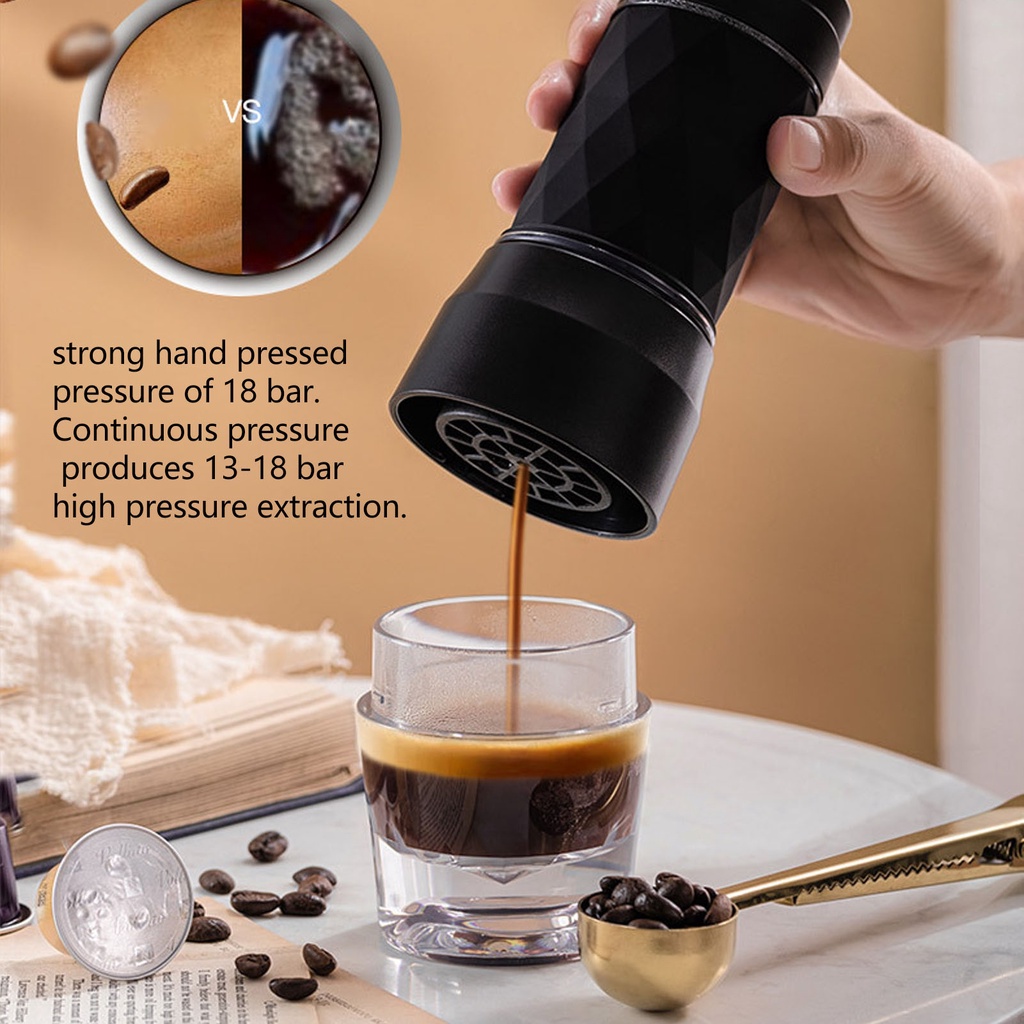 Hom-E เครื่องชงกาแฟแบบพกพา Maual Hand Coffee Machine เครื่องชงกาแฟบดที่เข้ากันได้และกาแฟแคปซูลสำหรับกลางแจ้ง