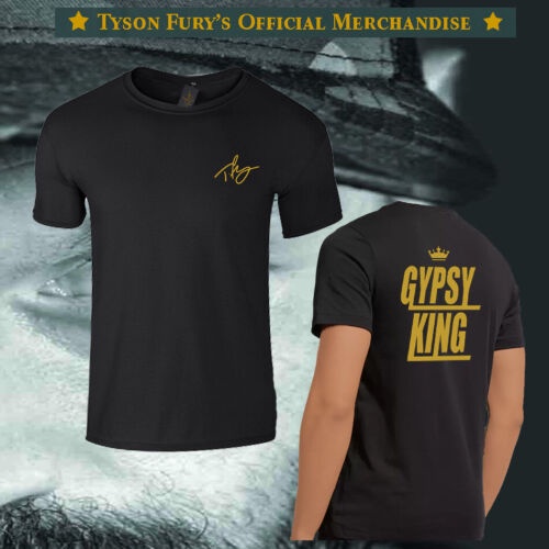 Tyson Fury Gypsy King ผู้ใหญ่เสื้อยืดสีดําสีทองด้านหน้าและด้านหลัง