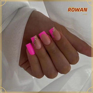 Rowans เล็บปลอม กลิตเตอร์ ฟอยล์สีทอง ยาวปานกลาง สีชมพู สไตล์ฝรั่งเศส สําหรับตกแต่งเล็บ 24 ชิ้น ต่อกล่อง